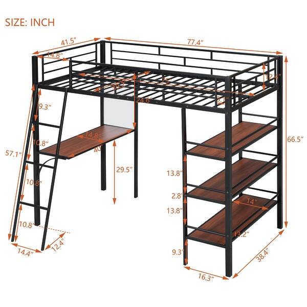 dimension image slide 1 of 2, Twin Loft Metal Bed Frame with 3 Layers of Shelves & Desk, Whiteboard
