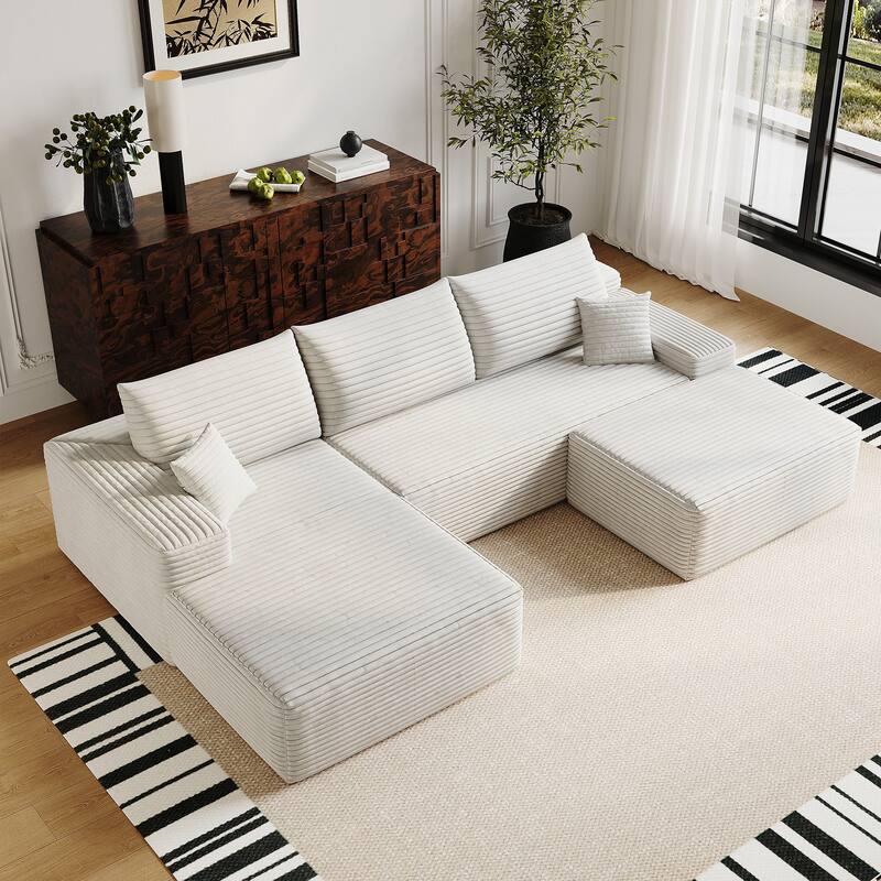 Corduroy Upholstered Symmetrical Chaise Sectional Sofa with Ottoman - White
