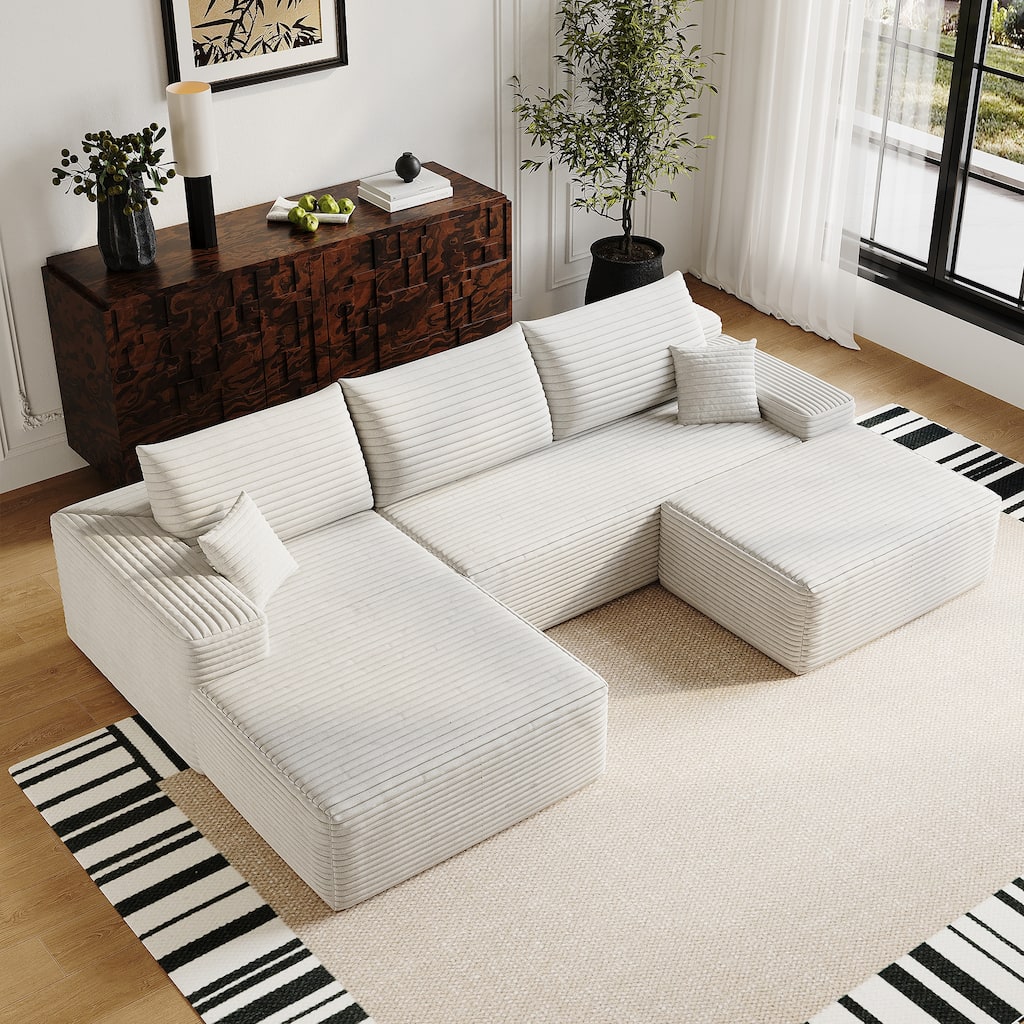 Corduroy Upholstered Symmetrical Chaise Sectional Sofa with Ottoman