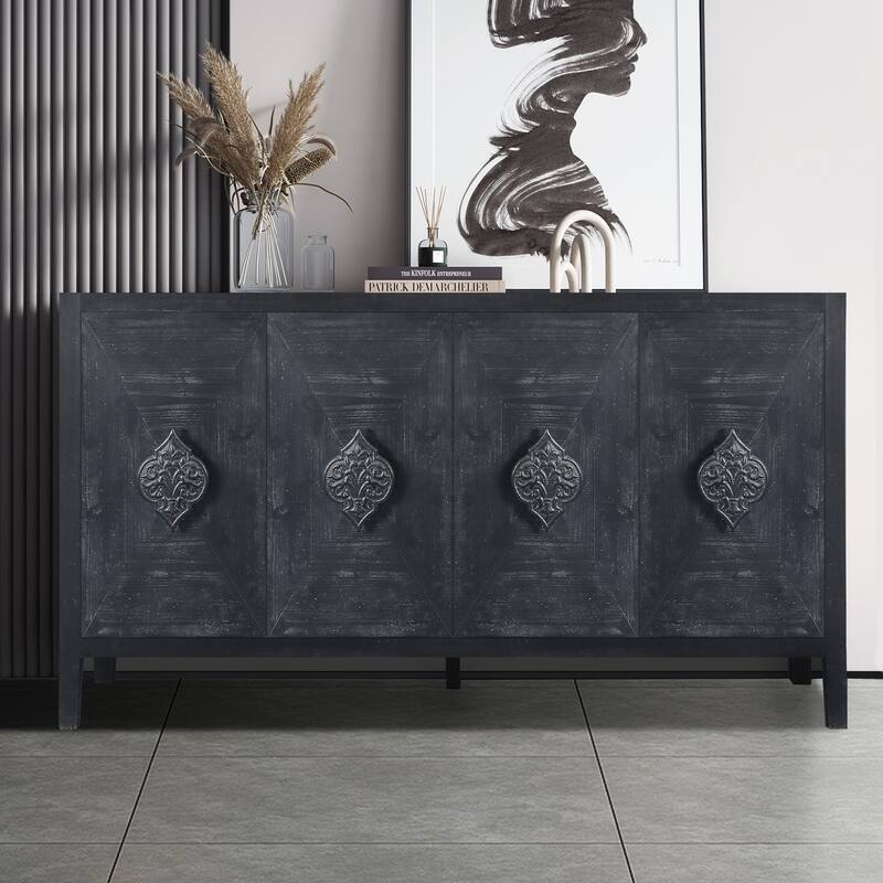 4 Door Antique Sideboard Buffet Cabinet with Carved Flower Handles, Adjustable Shelves, for Living Room, Kitchen, Hallway - Black