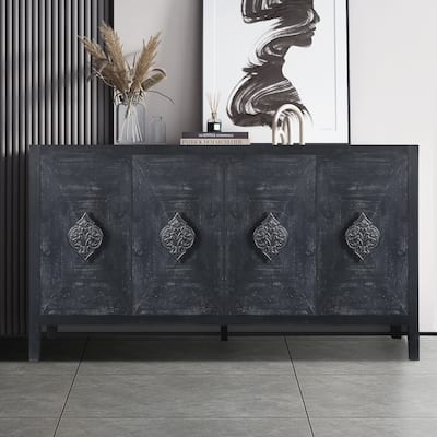 4 Door Antique Sideboard Buffet Cabinet with Carved Flower Handles, Adjustable Shelves, for Living Room, Kitchen, Hallway