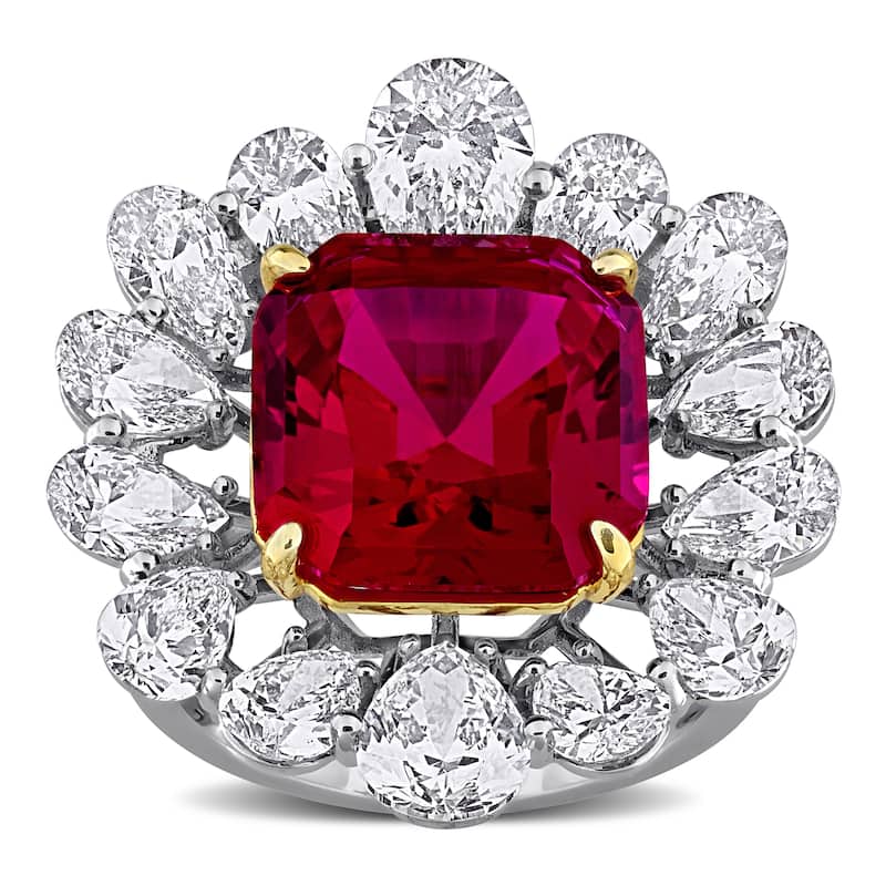 Miadora 11ct TGW Created Ruby 5 1/2ct TW Lab-Grown Diamond Flower Ring 18k Two-Tone Gold