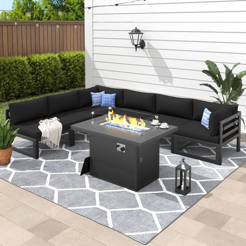 7 Piece Aluminum Patio Furniture Set with Fire Pit Propane/Gas, 29 inch Deep Wide Seat Aluminum Outdoor Sectional
