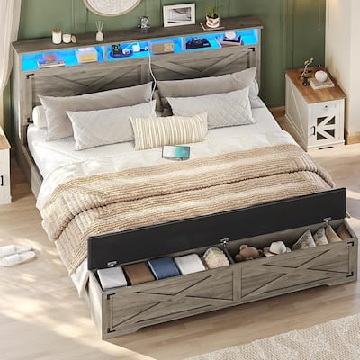Bed Frame with Storage Ottoman Charging Station and Led Light
