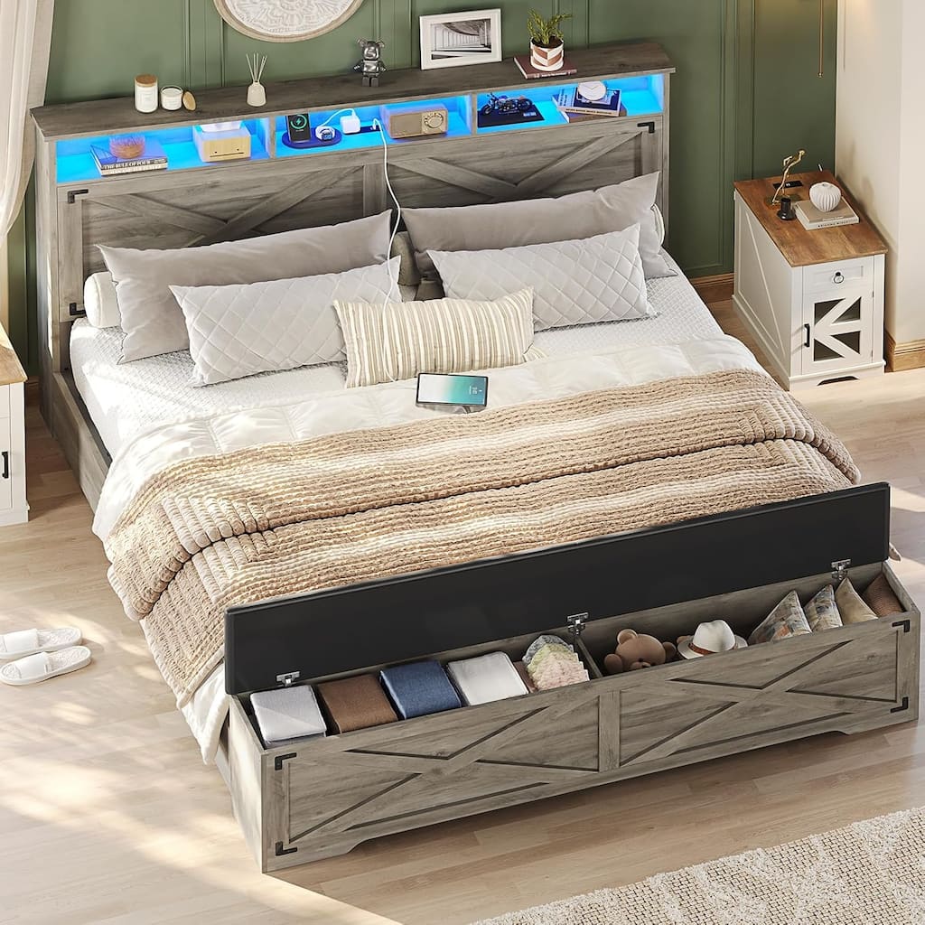Bed Frame with Storage Ottoman Charging Station and Led Light