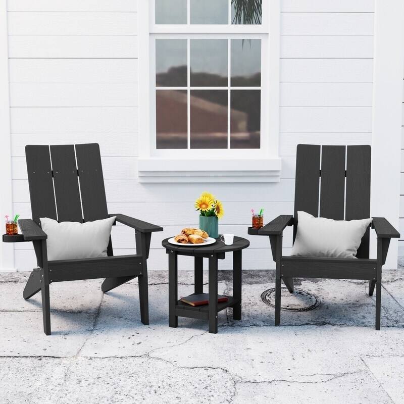 WINSOON 3-Piece All Weather HIPS Outdoor Cup Holder Adirondack Chairs and Table Set - Black