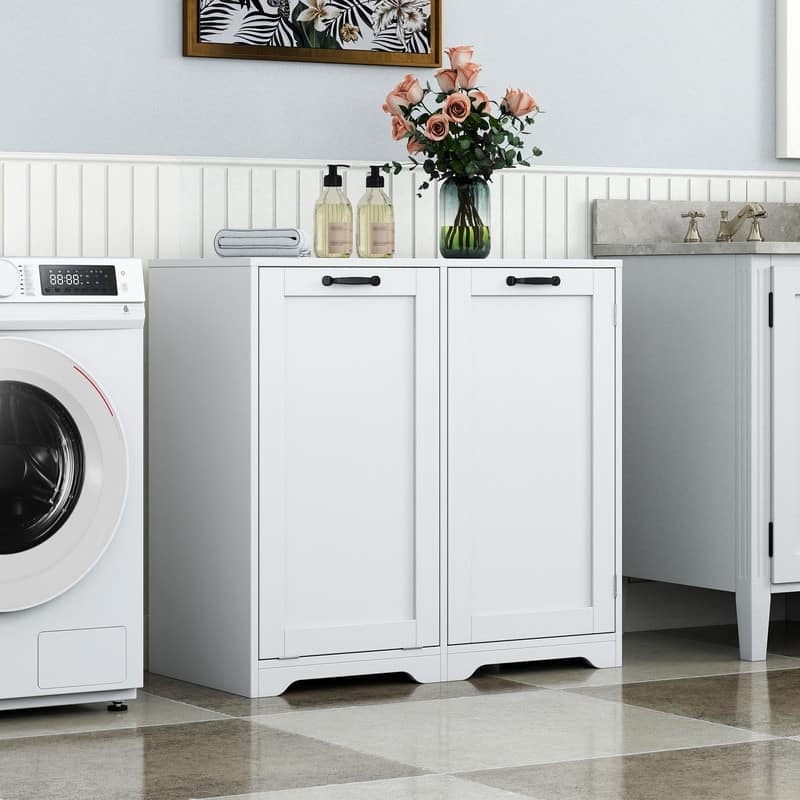 Freestanding Bathroom Laundry Cabinet with Doors and shelf, Tilt-Out Laundry Hamper