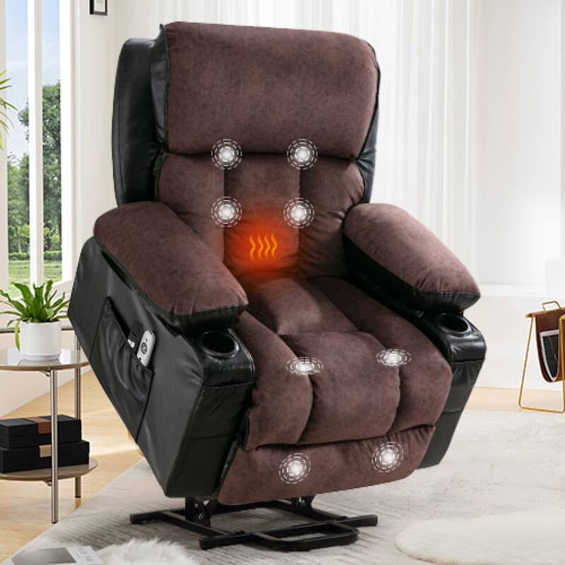 Power Lift Fleece Leather Recliner Chair for Elderly with Vibration Massage and Heat and USB & Cup Holders, for Living Room - Black Brown