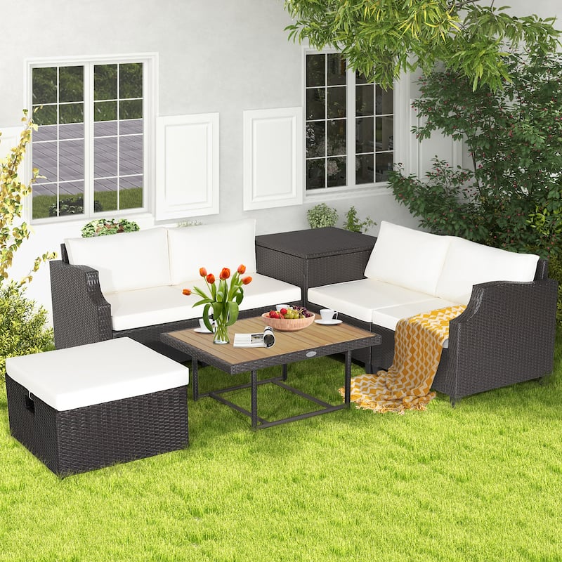 7pcs Patio Rattan Cushioned Furniture Conversation Set Sectional Sofa