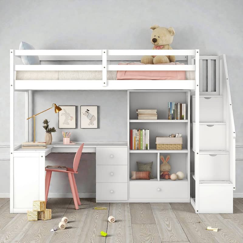 Twin Loft Bed with L Shaped Desk, Storage Stairs, Drawers and Cabinet, Space Saving Wood Loft Bed - White - Twin