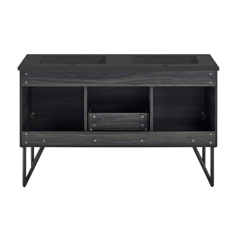 Annecy 60 In. Black Walnut, Double Basin Bathroom Vanity With Black ArtificialStone Sink Top