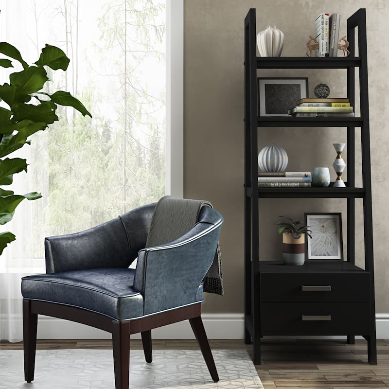 WYNDENHALL Hawkins SOLID WOOD 72 inch x 24 inch Modern Industrial Ladder Shelf with Storage - 24"w x 20"d x 72"h