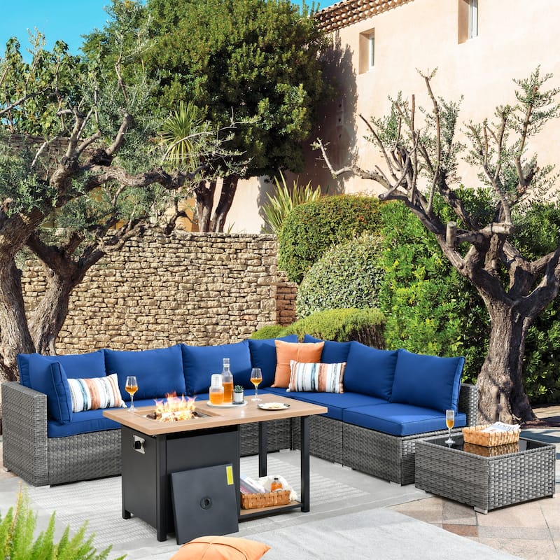 HOOOWOOO 8-piece Wicker Outdoor Patio Furniture Sofa Set Fire Pit Set - Navy Blue