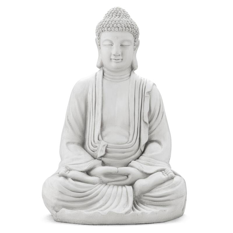 Glitzhome Zen-Style MgO Meditating Garden Buddha Statues Monk Sculpture Indoor Outdoor - White-29.5"H