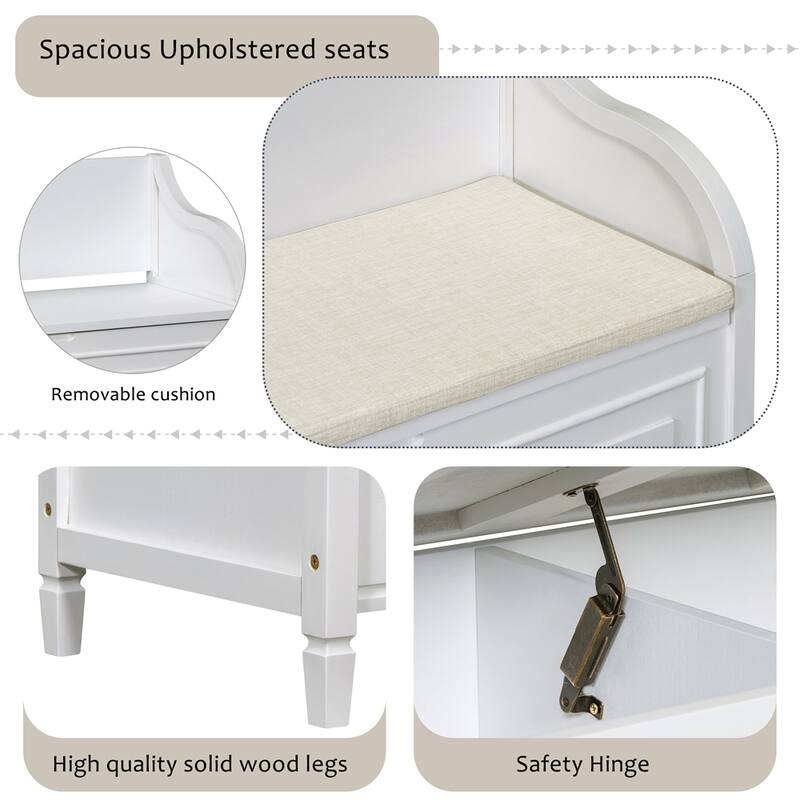 Solid wood Entryway Multifunctional Storage Bench with Safety Hinge