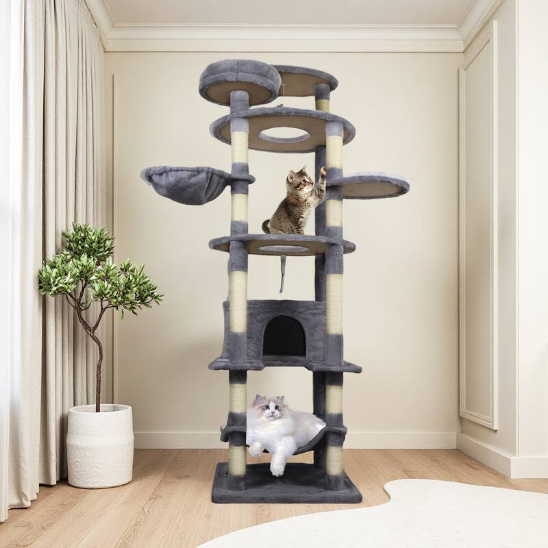 78.8 in Dark Gray Cat Tree Tower with Wide Base, 12 Sisal Scratching Post, Big Hammock,Many landing Perch and Interactive toy