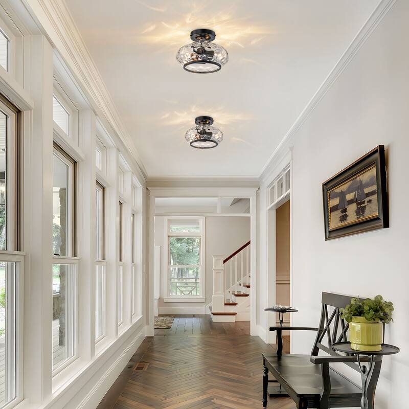 Starsky 2-Light Polished Semi-Flush Mount Ceiling Light with Hammered Glass Shade