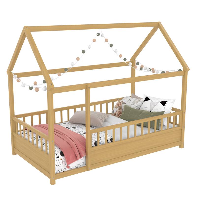 Wooden Floor Bed with House Roof Frame & Fence Guardrails - Kids Safe Bed, Cute House Design, Solid Wood Construction