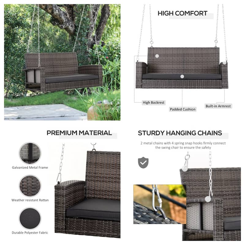 50" Outdoor Wicker Hanging Swing Bench with Cushions and Steel Frame