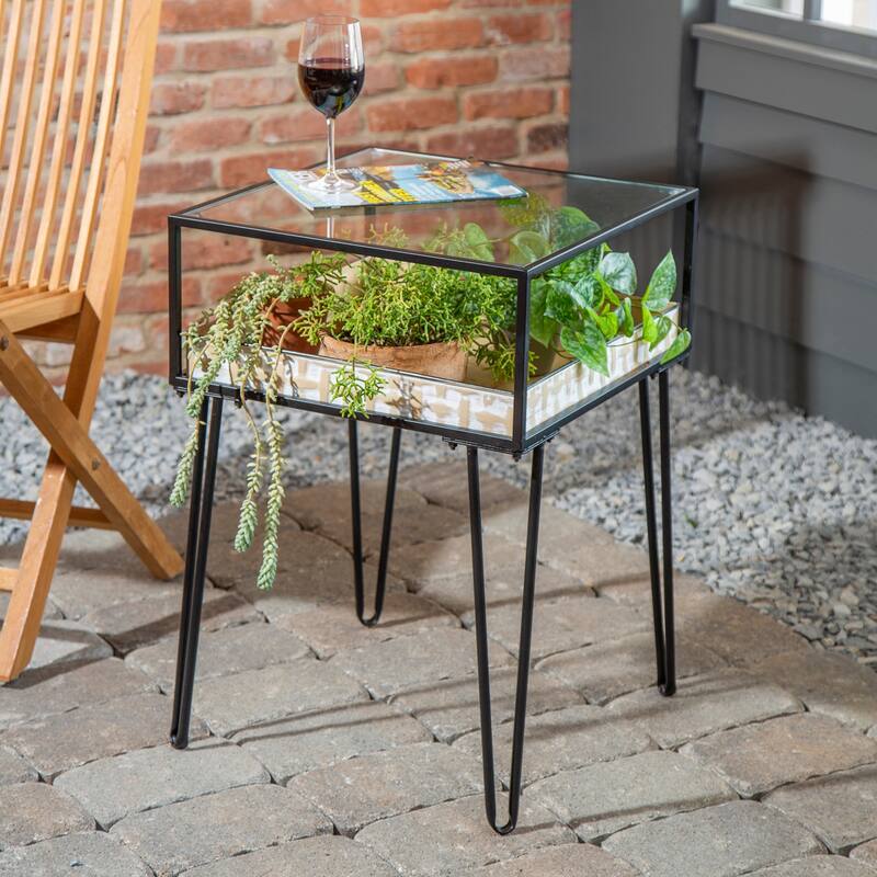 Metal Table with Glass Top and Gold Metal Planter Dish