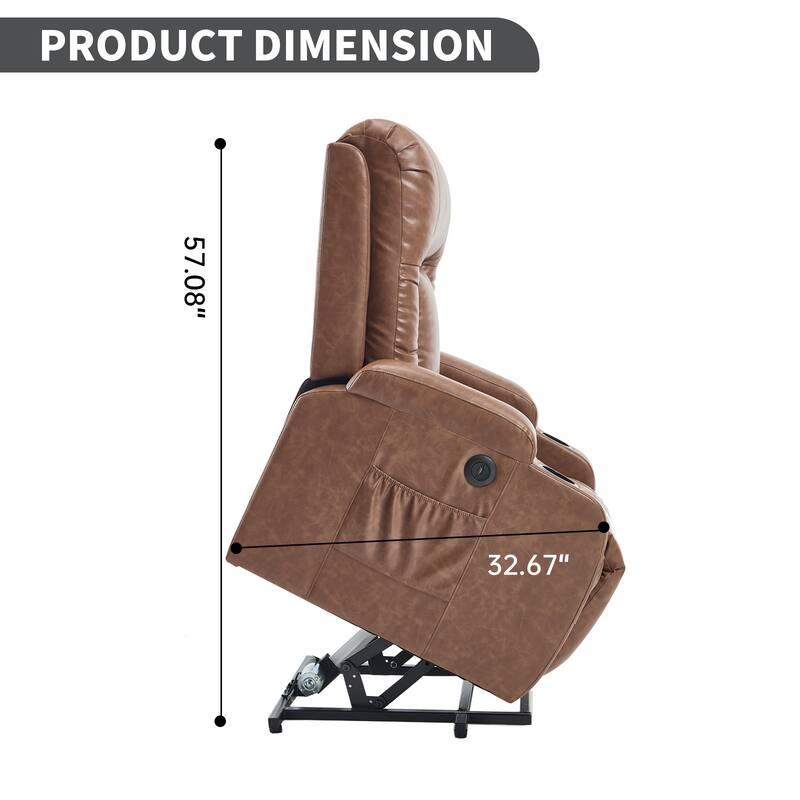 Roomfitters Heavy Duty Power Lift Recliner, PU Leather Massage Chair with Heat, USB Port and Dual Cup Holders