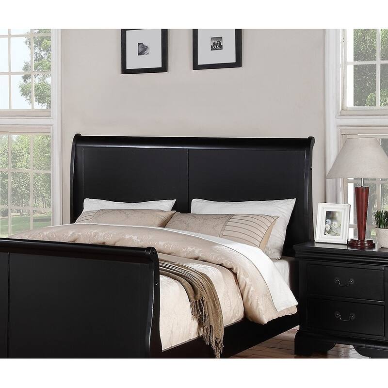 Modern Queen Size Bed with Sleigh Design Headboard and Footboard in Black Finish