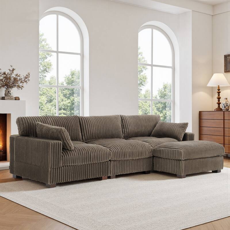 Plush Corduroy Upholstered Modular Sectional Sofa with Chaise - Right Facing - Light Brown-3 Pieces