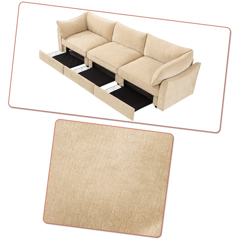 Chenille Fabric Upholstered Three-Seater Sofa with Three Under-Seat Drawers