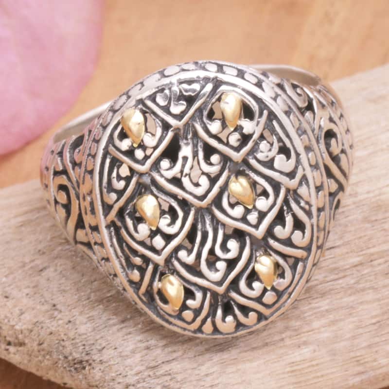 Novica Handmade Rice Terrace Gold-Accented Signet Ring - Silver