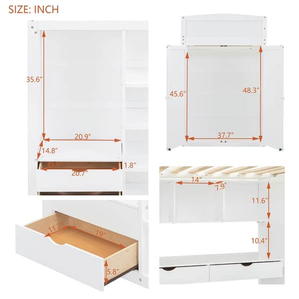 dimension image slide 1 of 2, Twin Size Loft Bed w/Wardrobe, Built-in Desk, Wooden High Loftbed Frame w/4 Shelves Bookcase, 4 Drawers for Kids Teens Bedroom