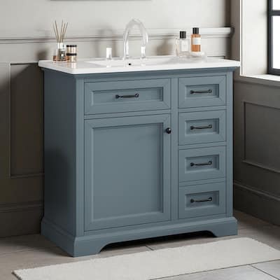 36 Inch Bathroom Vanity with Ceramic Sink, Freestanding Cabinet with 2 Tip-Out Drawers, Soft-Close Hinges & Storage Shelves