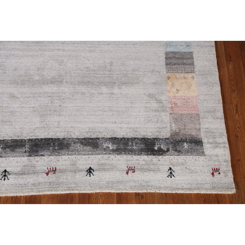 Tribal Gabbeh Indian Area Rug Hand-Knotted Grey Wool Carpet - 5'4" x 7'8"