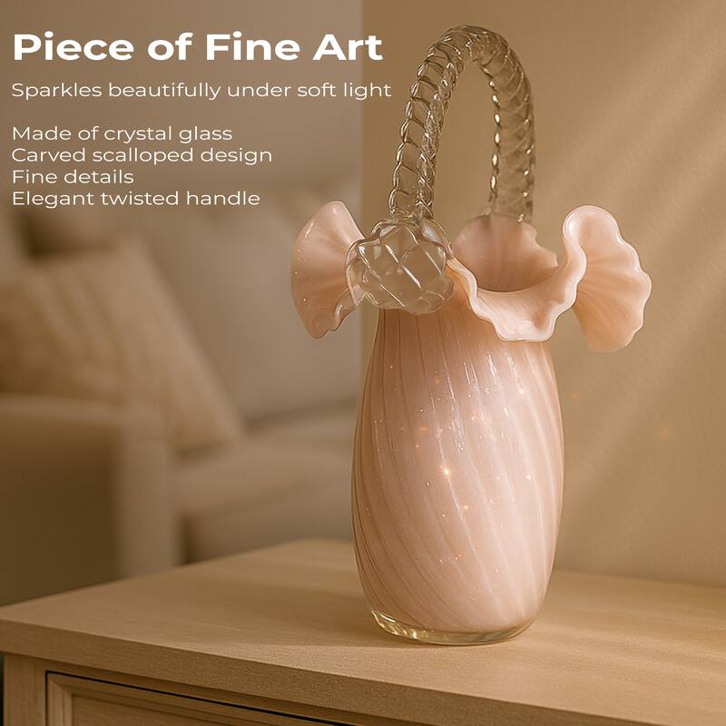 Pink Scalloped Glass Basket Vase Decorative Floral Display Accent