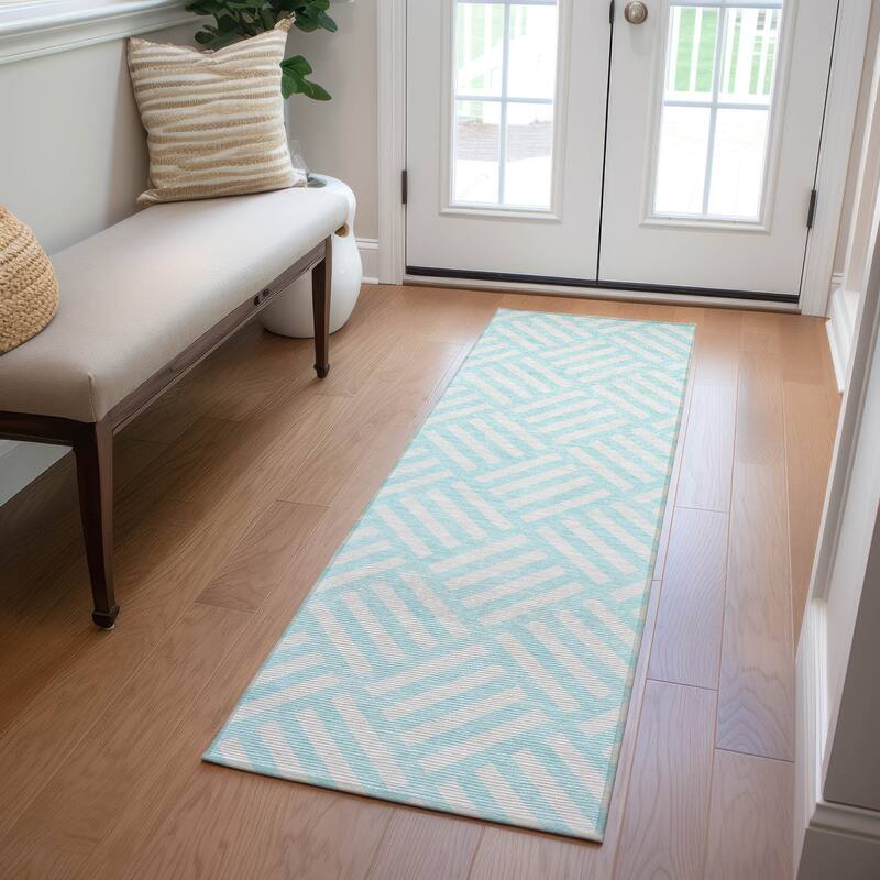 Machine Washable Indoor/ Outdoor Chantille Modern Geo Rug - Aqua - 2'3" x 7'6"