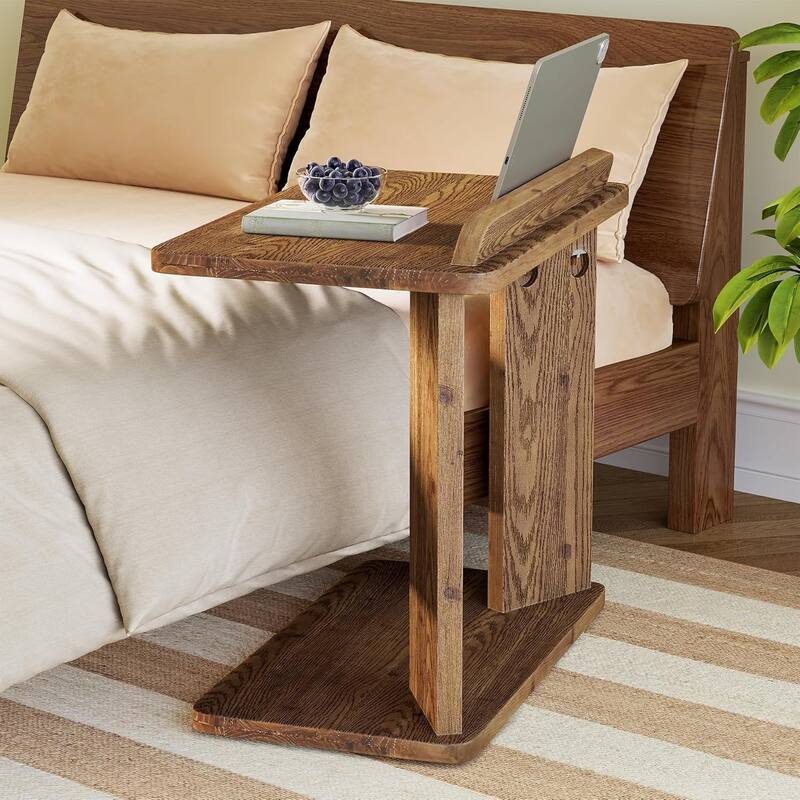 2-Tier Solid Wood Farmhouse C-Shaped End Table with Book Groove & Holder - 25.59"L × 15.75"W × 27.56"H