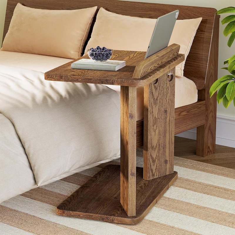 Solid Wood C-Shaped Side Table with Book Groove & Holder, Farmhouse Wooden End Table