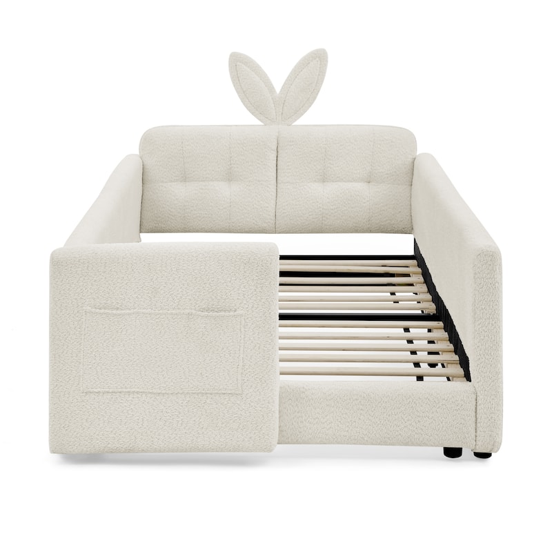 Twin Size Platform Bed Upholstered Bed with Safety Rail and Pocket, Kids Bed with Rabbit Ear, Skin-friendly Boucle Fabric