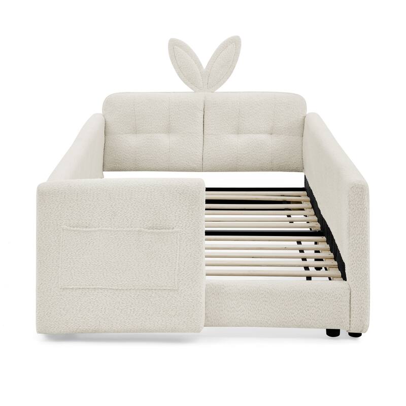 Twin Upholstered Platform Bed with Bunny Ear Headboard, Safety Rail & Pocket in Boucle Fabric