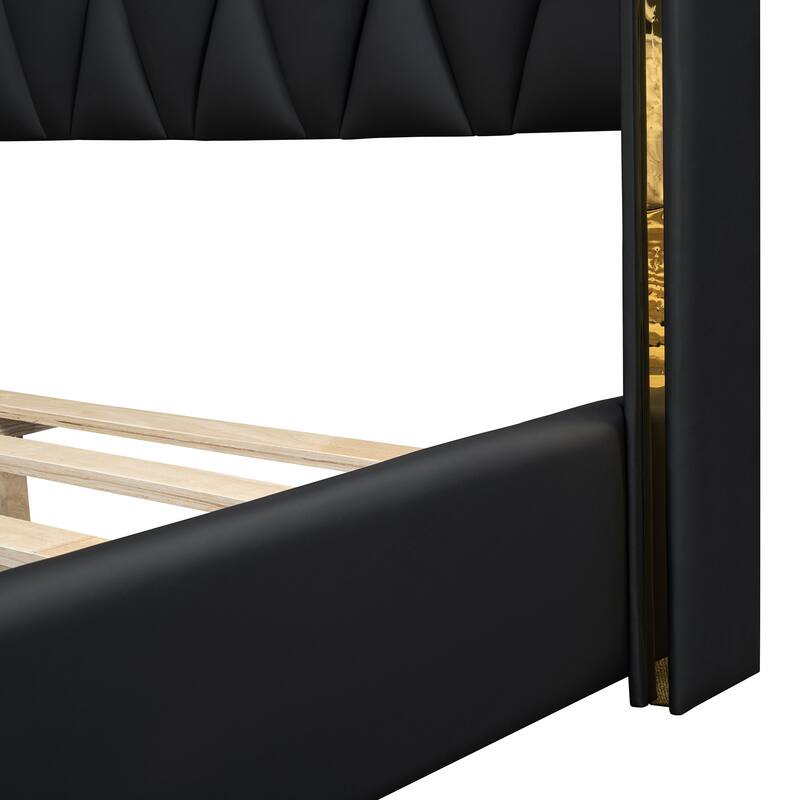 Modern PU Upholstered Platform Bed with Metal Strips