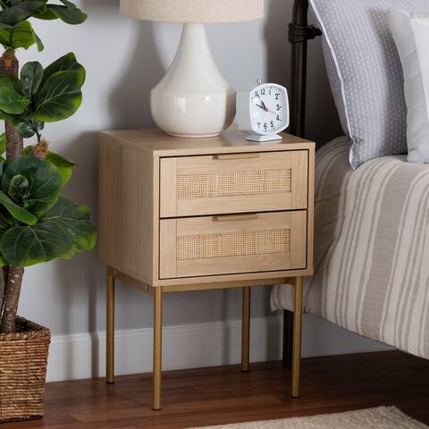 Dewitt Japandi Light Brown Finished Wood and Gold Metal 2-Drawer End Table