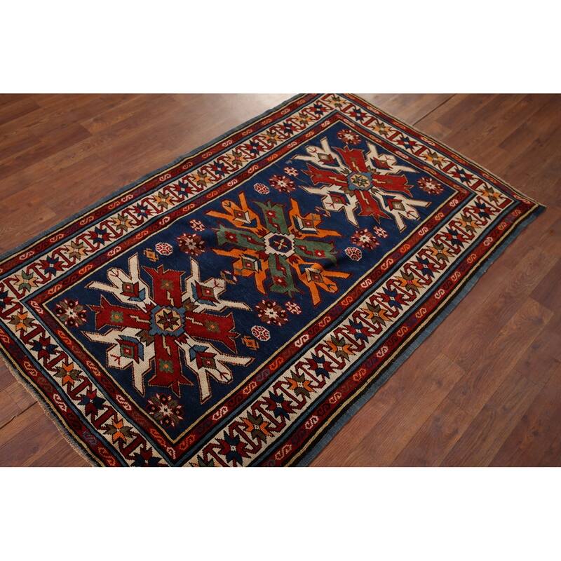 Navy Blue Geometric Kazak Vegetable Dye Wool Carpet - 3'5" x 5'2"