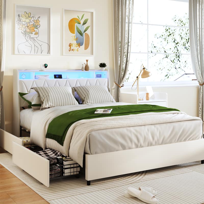 Low Profile Bed Storage Platform Bed Frame with Upholstered Headboard, Charging Station, LED Lights and Underbed Drawers