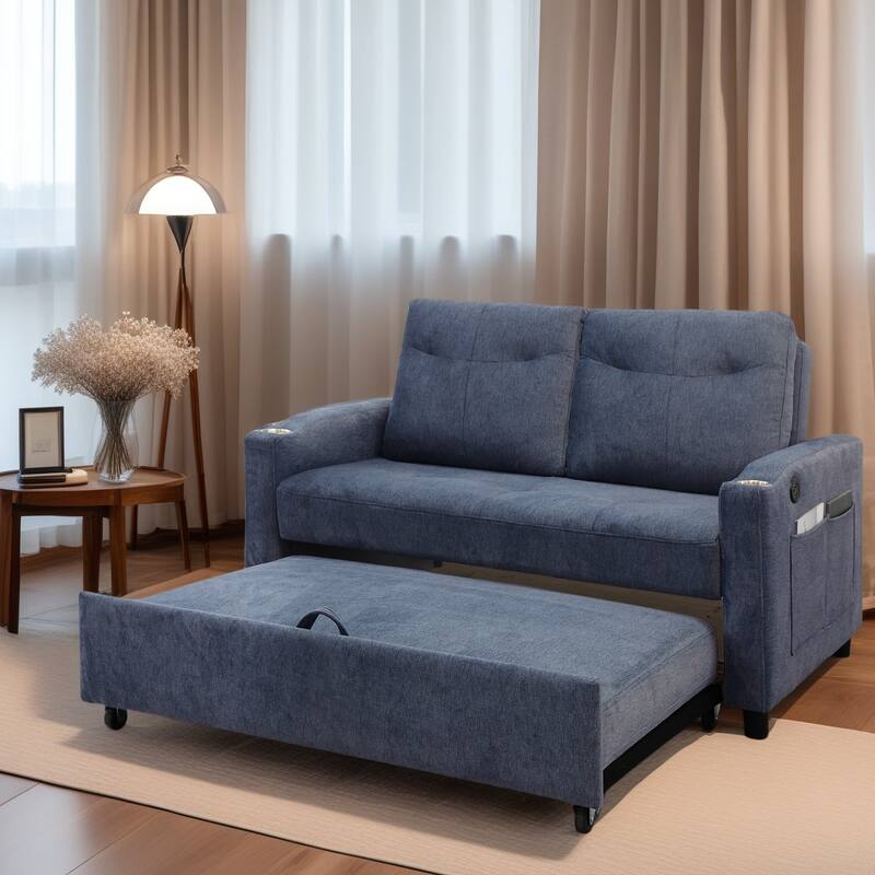 Lounge Sofa Loveseat Sofa Bed with USB Charging Port & Storage Pocket, Sleeper Couch with Reclining Backrest