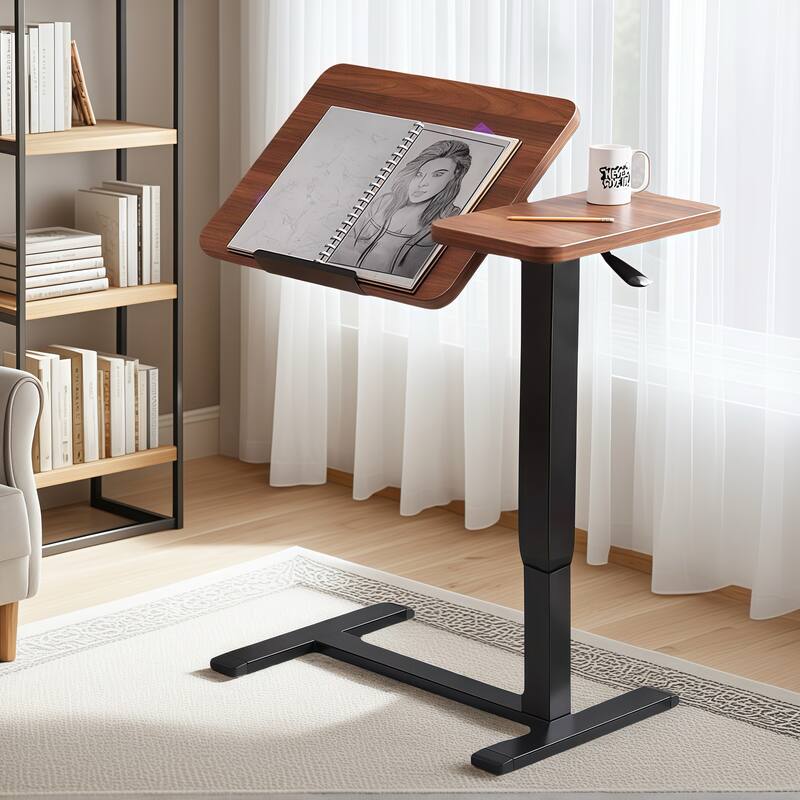 Overbed Bedside Desk, Mobile Rolling Laptop Stand, Tilting Office Desk, Height Adjustable Tray Bedside Table - Walnut