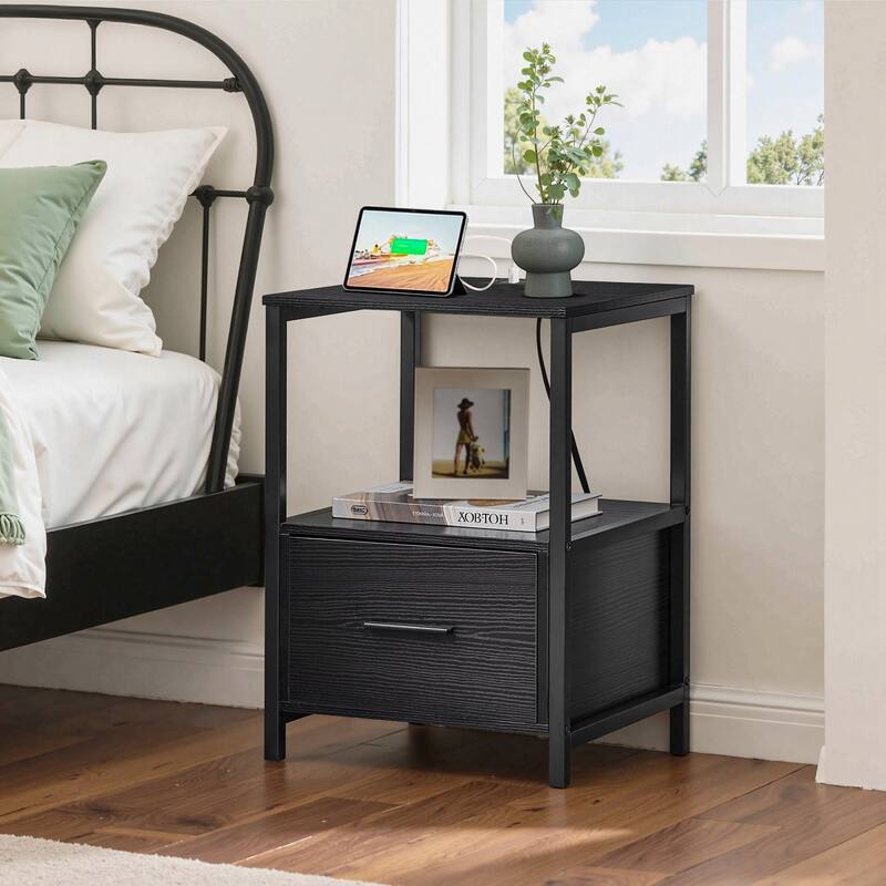 VECELO Mid Century Modern Nightstand with Charging Station USB Port Open Storage Shelf Square End Table for Bedroom