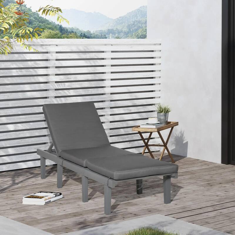 Wood Chaise Lounge, Outdoor Recliner, 4-Pos Adjustable with Cushioned - Grey
