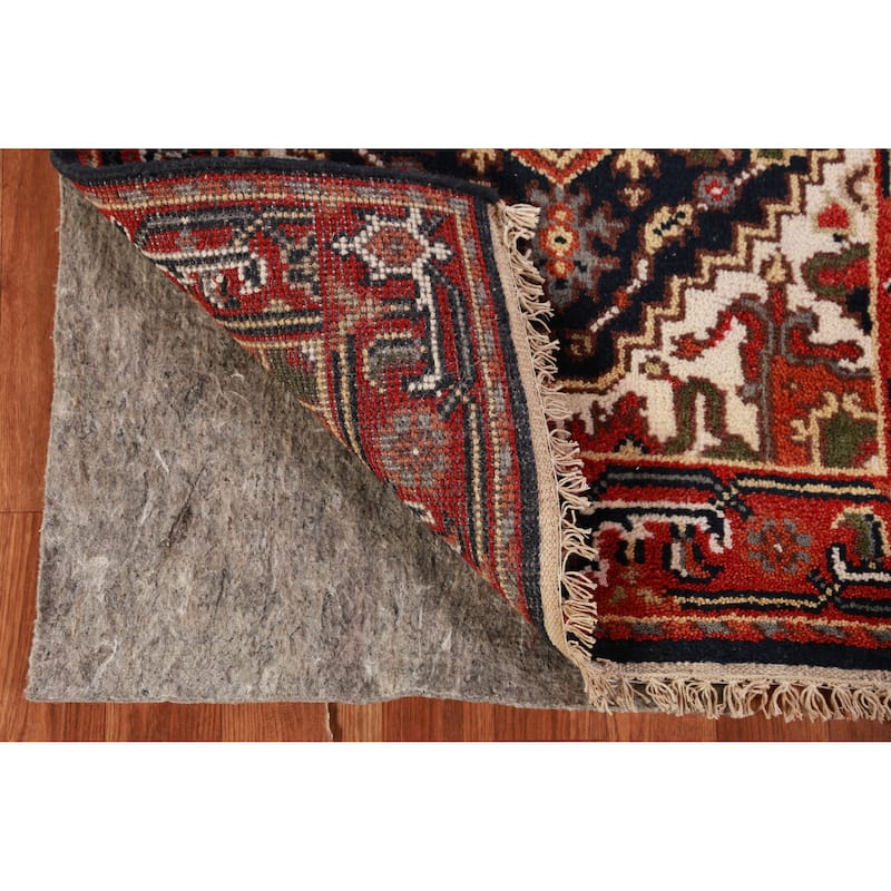 Hand Knotted Oriental 100% Wool Carpet Traditional Geometric Navy Blue & Blues Heriz (serapi) Runner Rug - 7' 10'' X 2' 7''