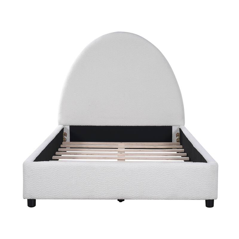 Upholstered Bed with Round Curved Headboard Wingback Bed, White Boucle Platform Bed Frame
