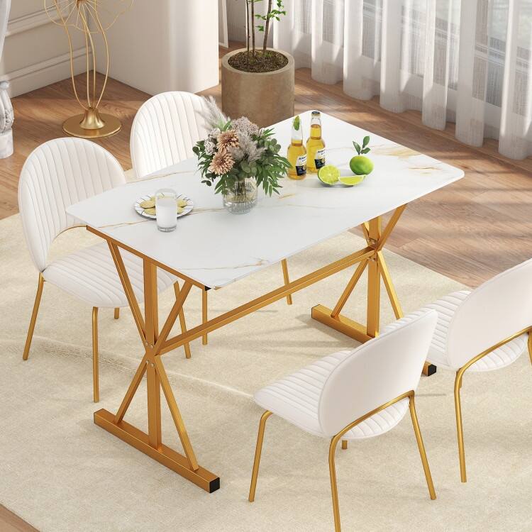 Golden and White Sintered Stone Dining Table with Metal Frame 135 lbs Capacity - 44" x 28" x 30"