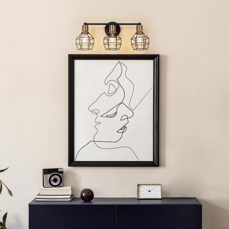 Modern 3-Light Gold Black Dimmable Lantern Cage Bathroom Vanity Lights Reversible Sconces - Black & Gold - L 21"x W 6.5"x H 9.5"